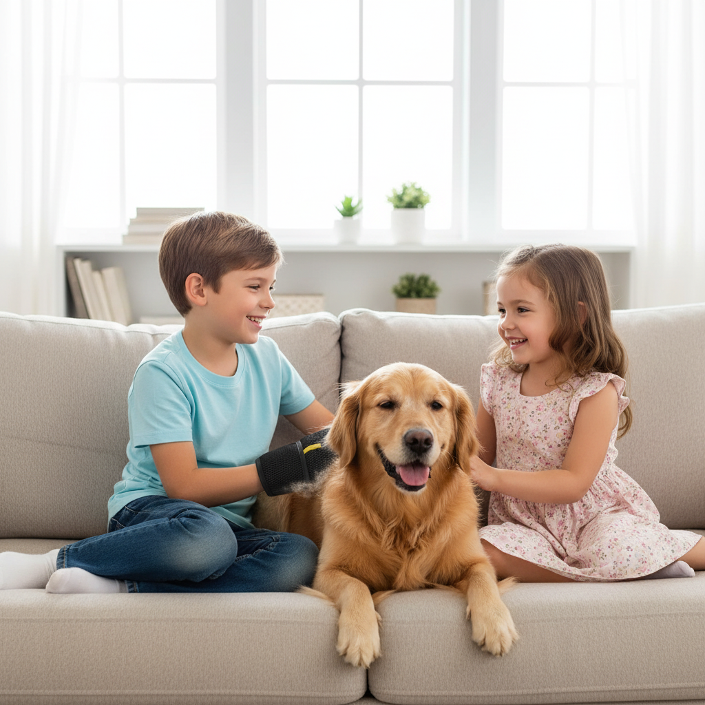 Boy and girl with golden retriever - glove visible