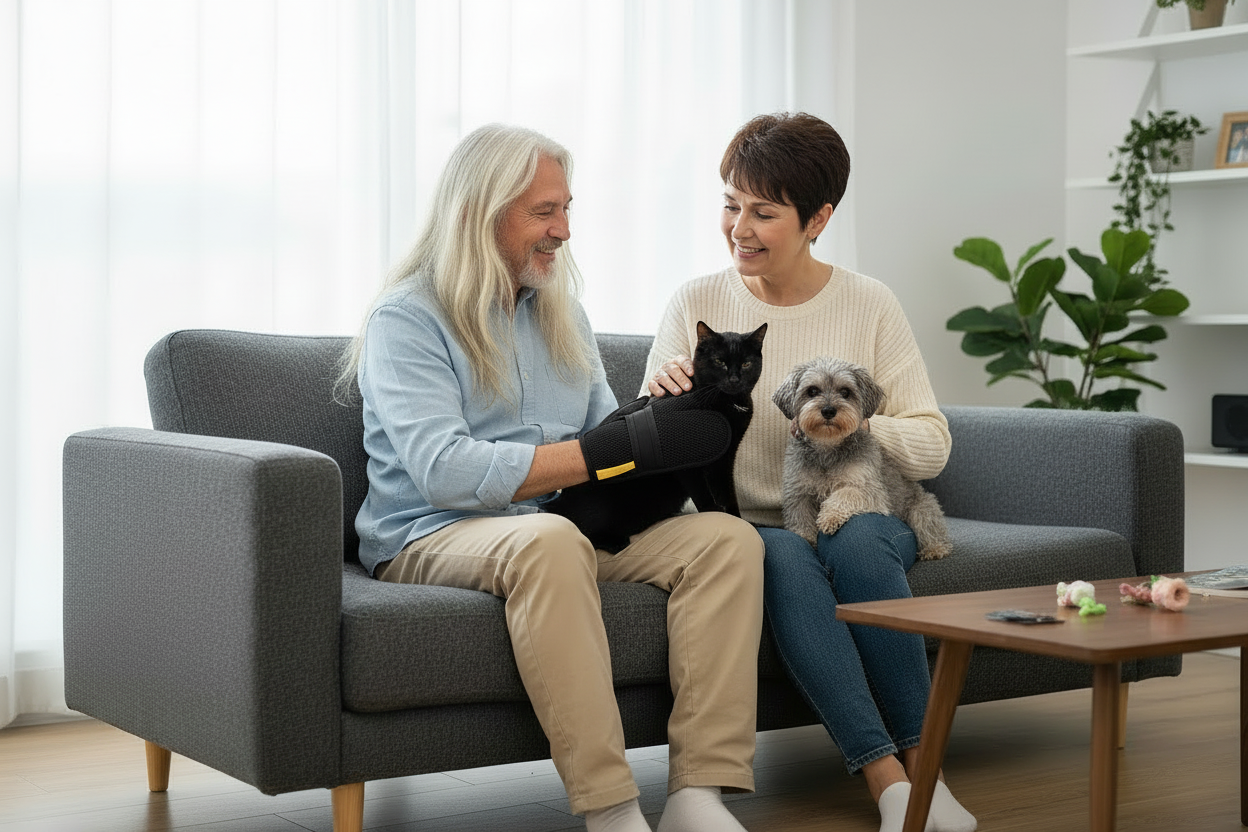 Older couple with varied hair colors on different couch