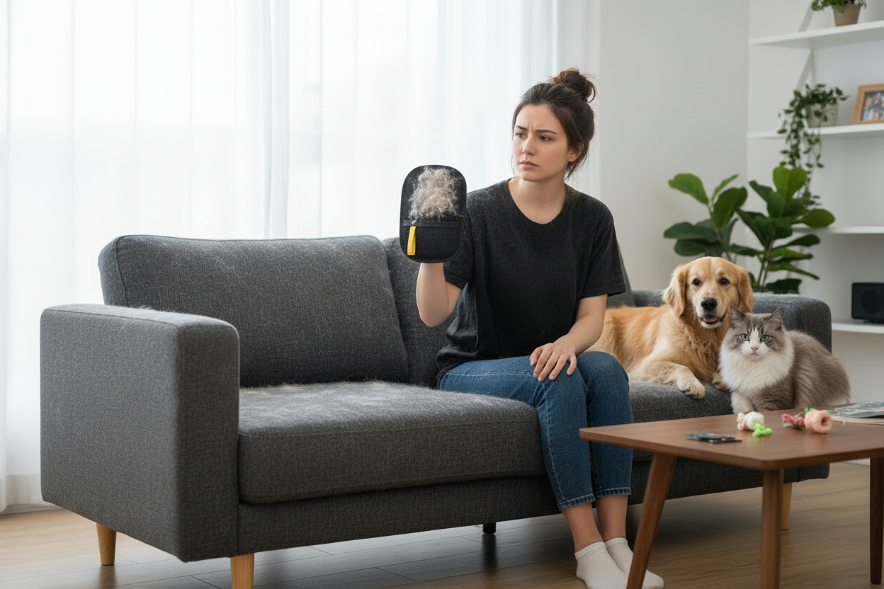 Woman with glove showing collected fur - realistic before image